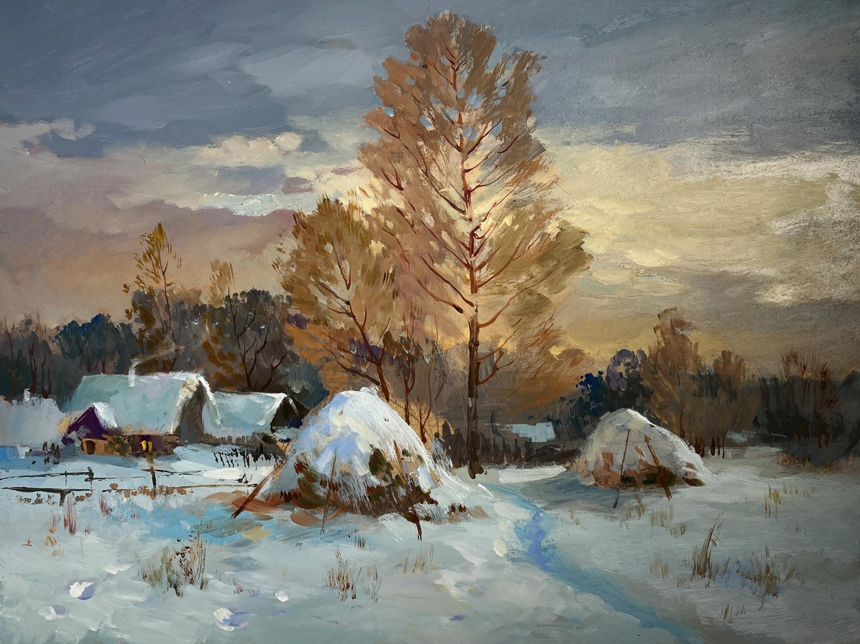 Oil painting by Yuriy Suprunchuk: Snowy rustic village with hay bales