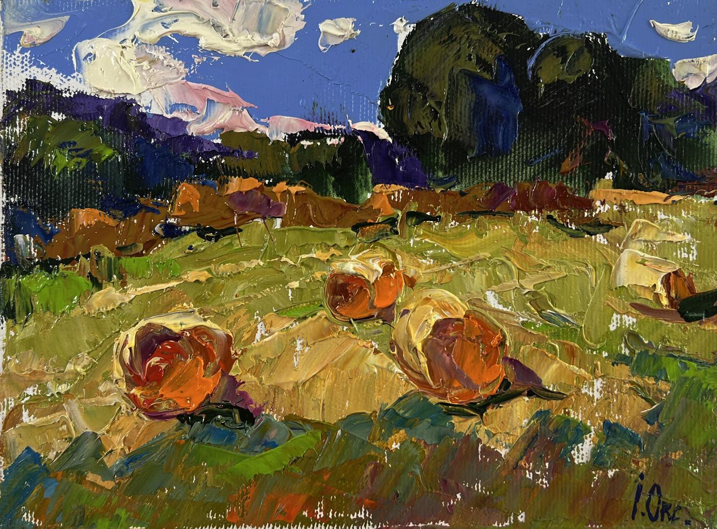 Vibrant impressionist oil painting of orange-red roses on green field by Oksana Ivanyuk