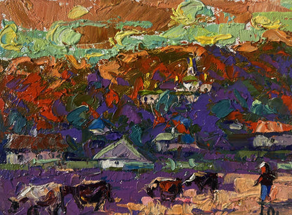Vibrant impressionist oil painting Evening bell floats over the village by Oleksiy Ivanyuk