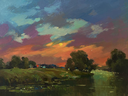 Oil painting of orange sunset over river by Yuriy Suprunchuk