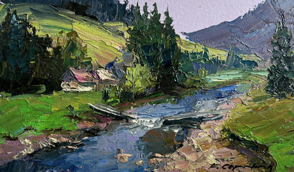 Vibrant impressionist oil painting by Boris Serdyuk: mountain valley houses