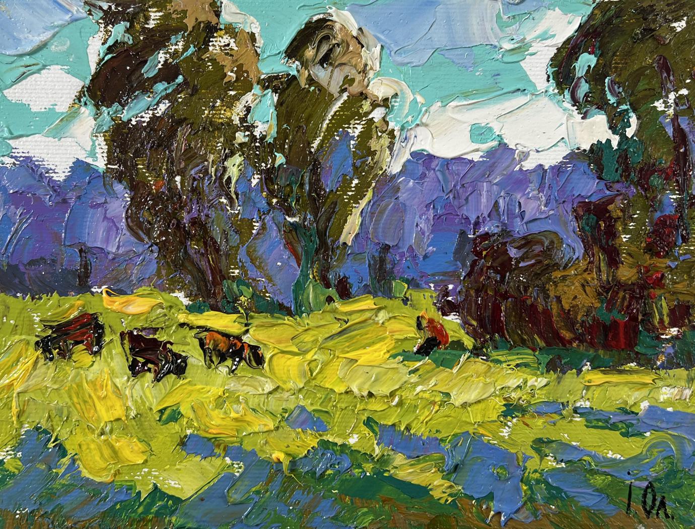 Vibrant impressionist oil painting At the Source by Oleksiy Ivanyuk cows in field