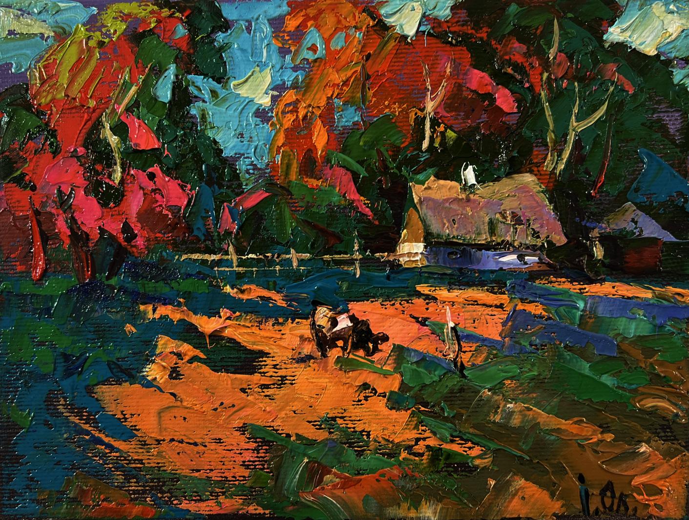Vibrant impressionist oil painting Village in the rays of the sun by Oleksiy Ivanyuk