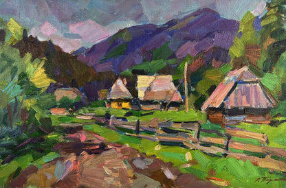 Vibrant impressionist oil painting of mountains above village by Vyacheslav Pereta