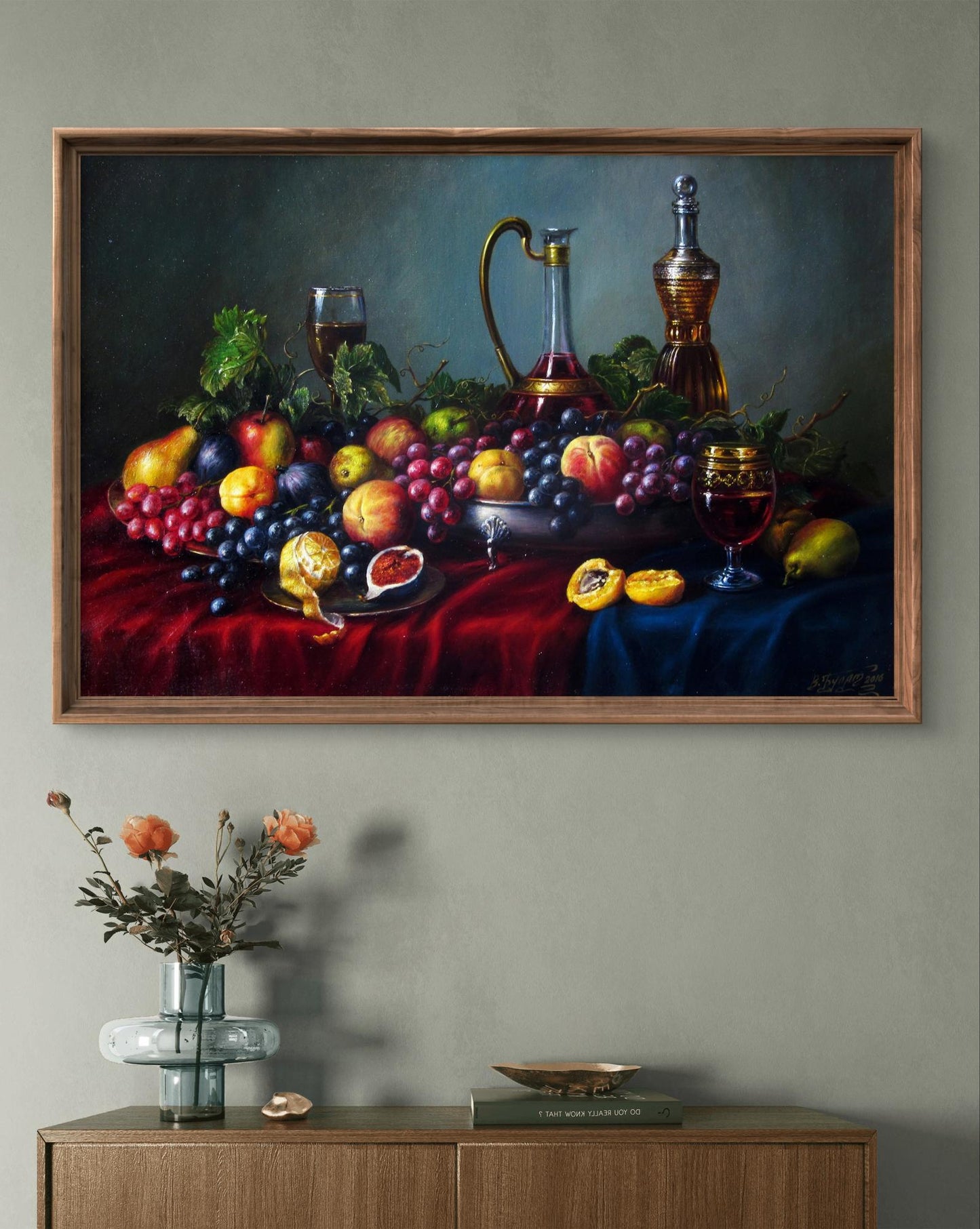 Oil painting Summer Treats Valeriy Bulat: fruits and glassware on velvet