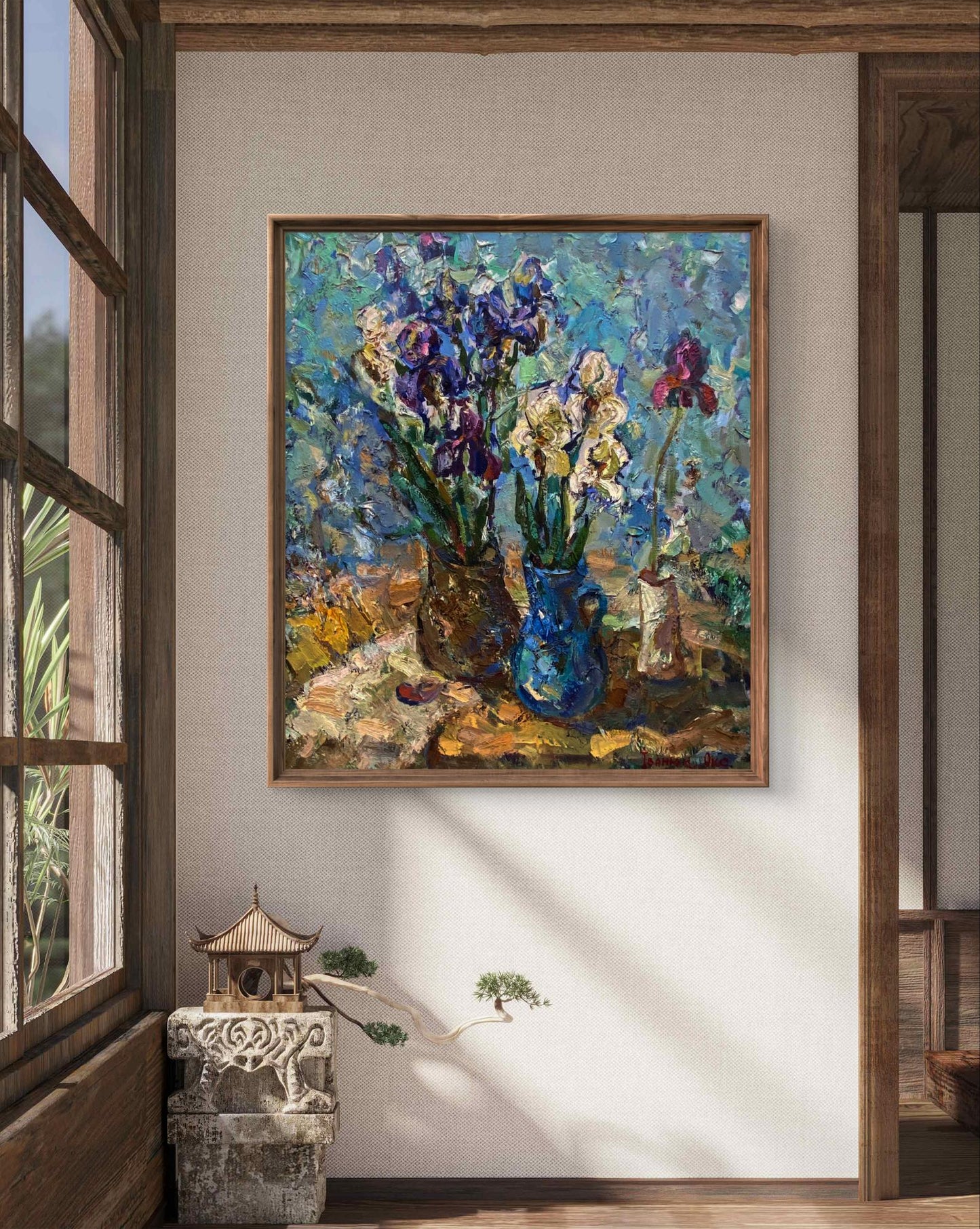 Vibrant impressionist oil painting of Oksana Ivanyuk irises bouquet in blue purple vase in wooden frame