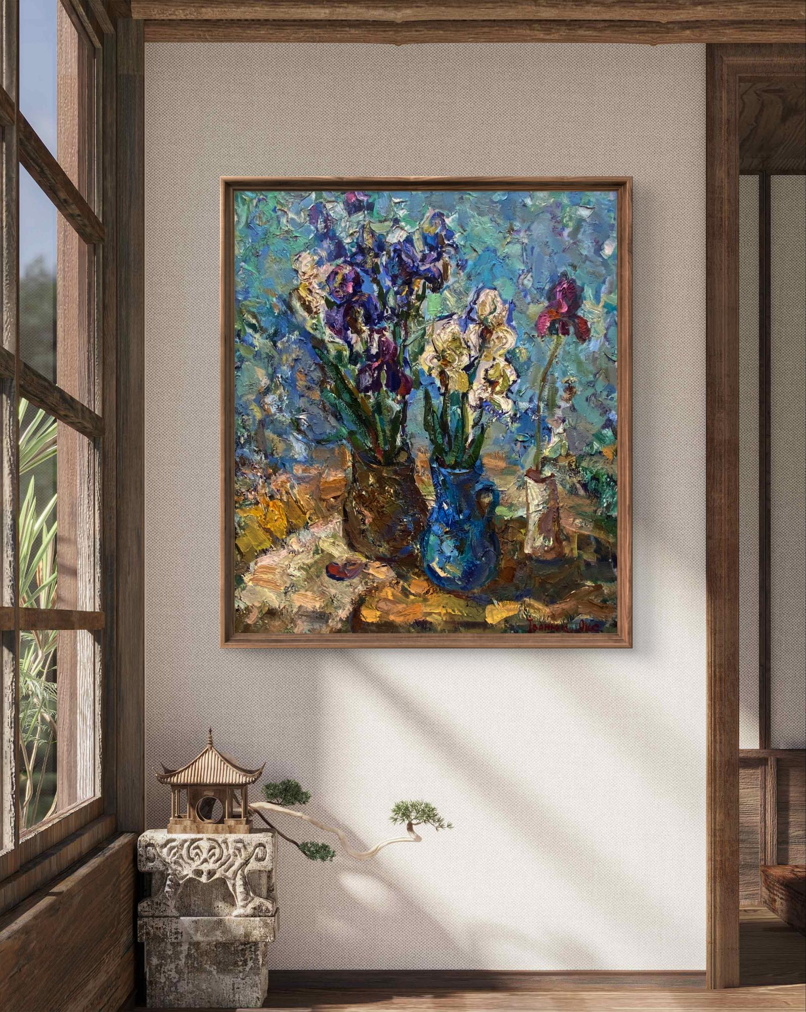 Vibrant impressionist oil painting of Oksana Ivanyuk irises bouquet in blue purple vase in wooden frame