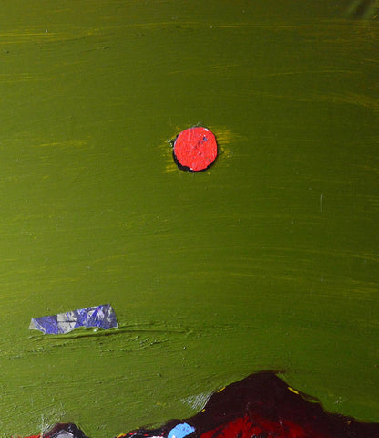 Oil painting Red Evening Mountains by Natalia Korf-Ivaniuk with red dot on green canvas