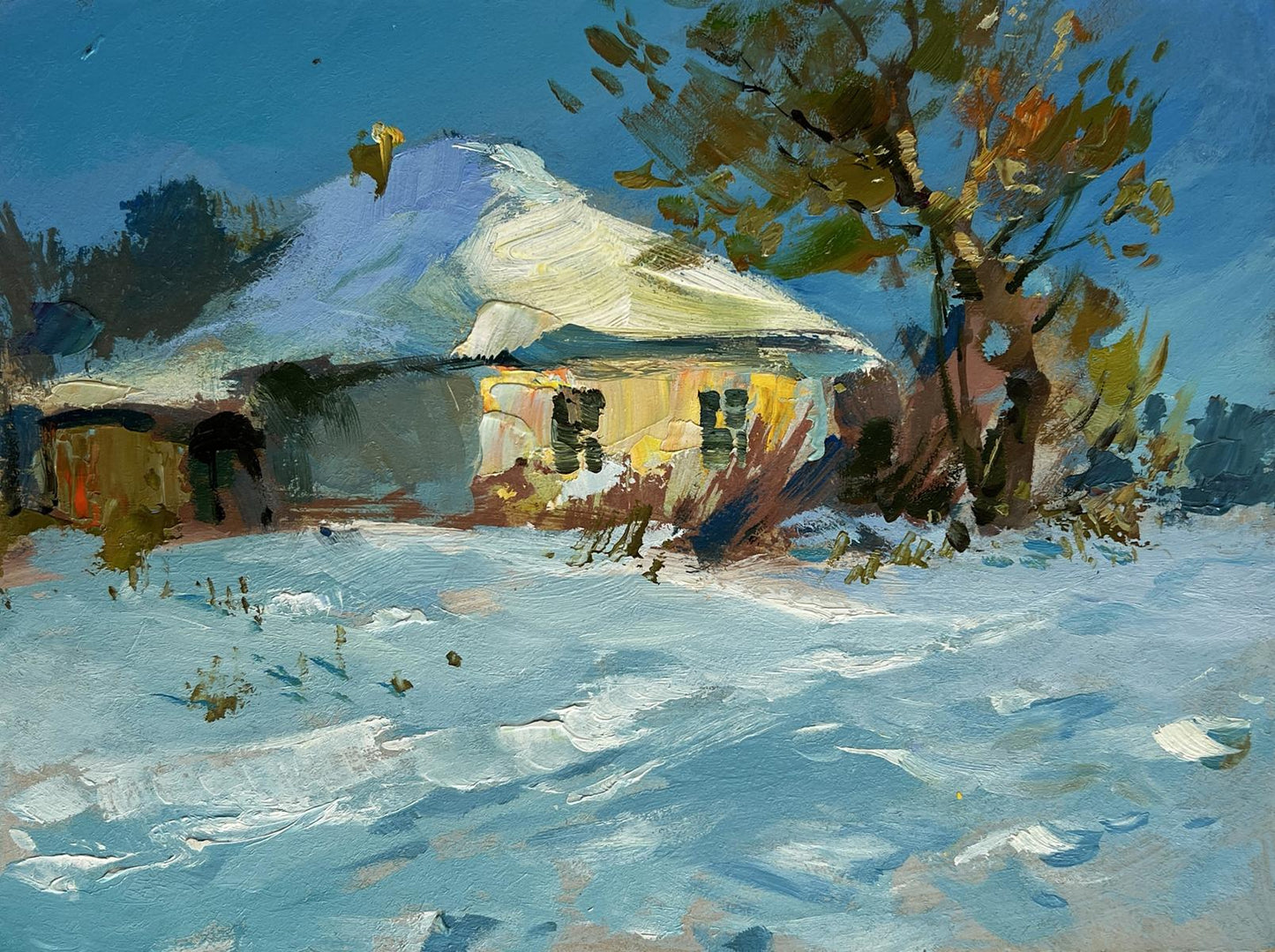 Oil painting of snow-covered rustic thatched house by Yuriy Suprunchuk