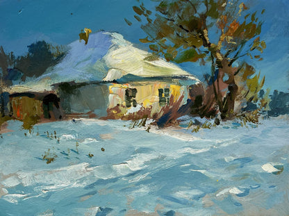 Oil painting of snow-covered rustic thatched house by Yuriy Suprunchuk