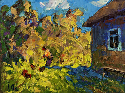 Oil painting The sun in the field by Oleksiy Ivanyuk: rustic blue house