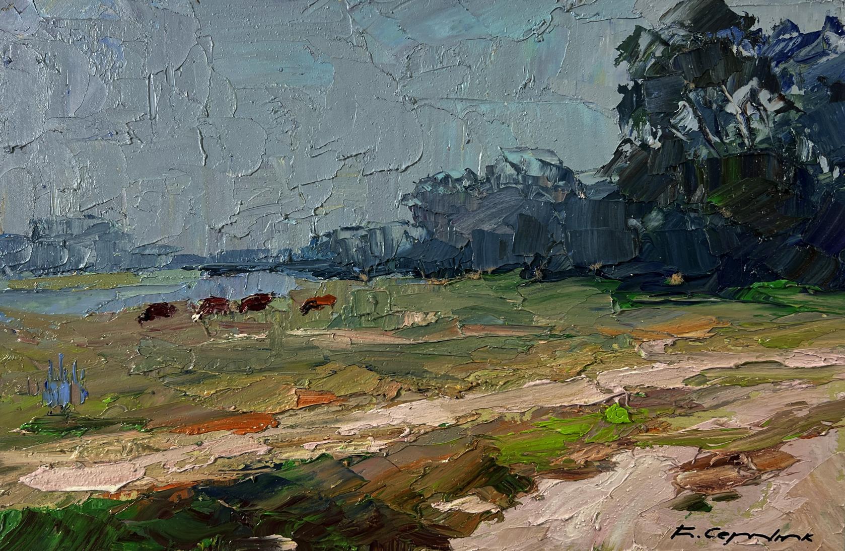 Impasto oil painting Field with cows by Boris Serdyuk, pastoral scene