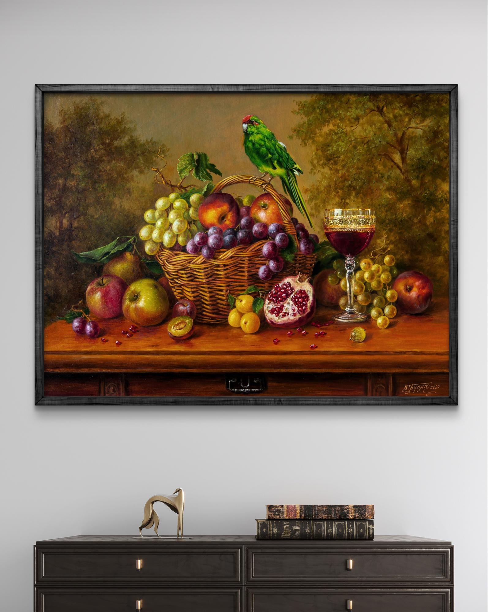 Vibrant green parrot on fruit basket in Valeriy Bulat oil painting He was green