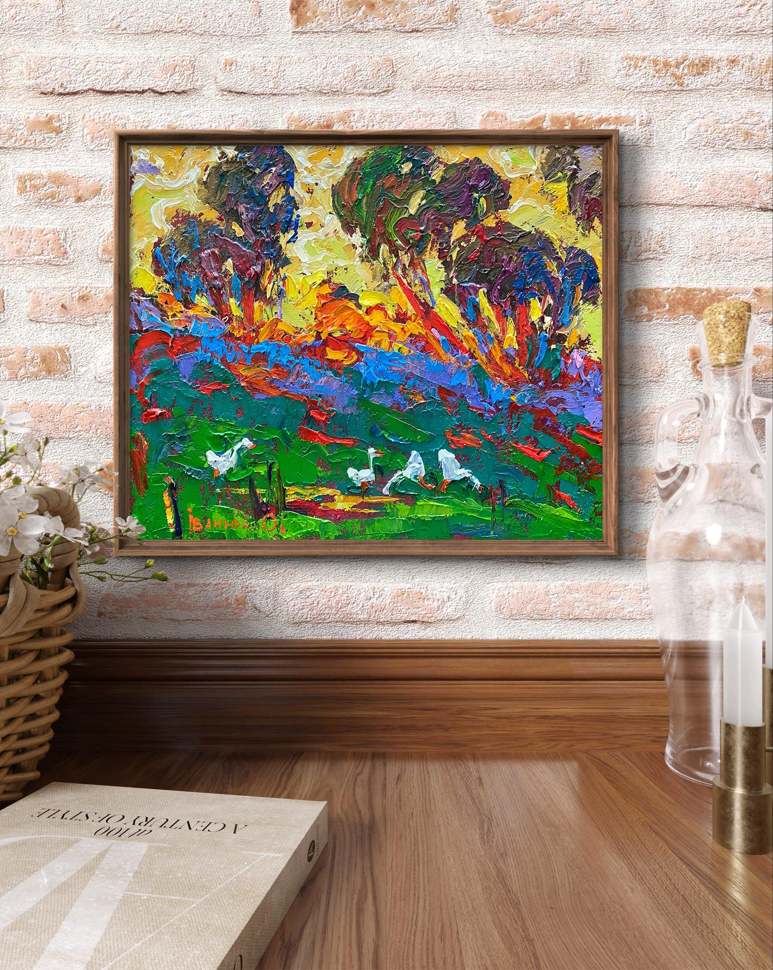 Vibrant Oleksiy Ivanyuk oil painting of green field with colorful abstract landscape in wooden frame