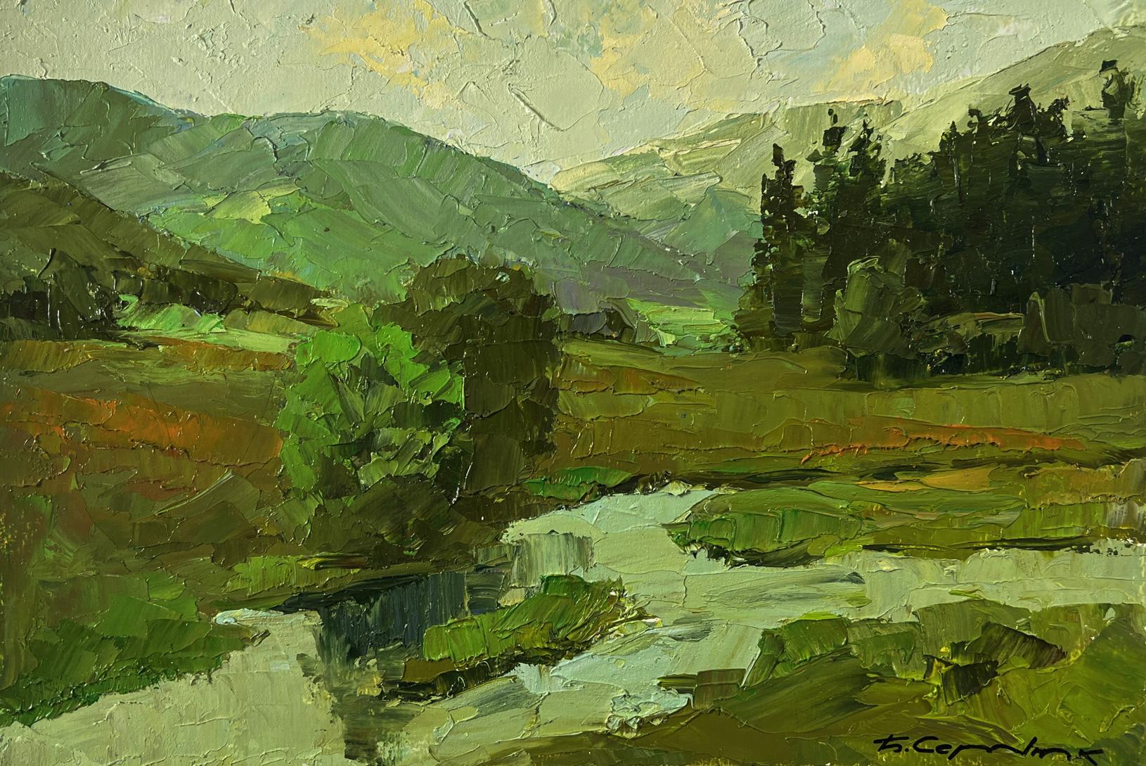 Oil painting by Boris Serdyuk: impressionist mountain landscape with stream
