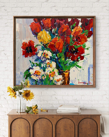 Vibrant red tulips oil painting by Oksana Ivanyuk in wooden frame