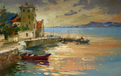 Impressionistic oil painting of orange sunset sea by Yuriy Suprunchuk