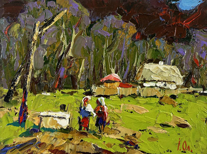 Vibrant impressionist oil painting Neighbors in the summer garden by Oleksiy Ivanyuk