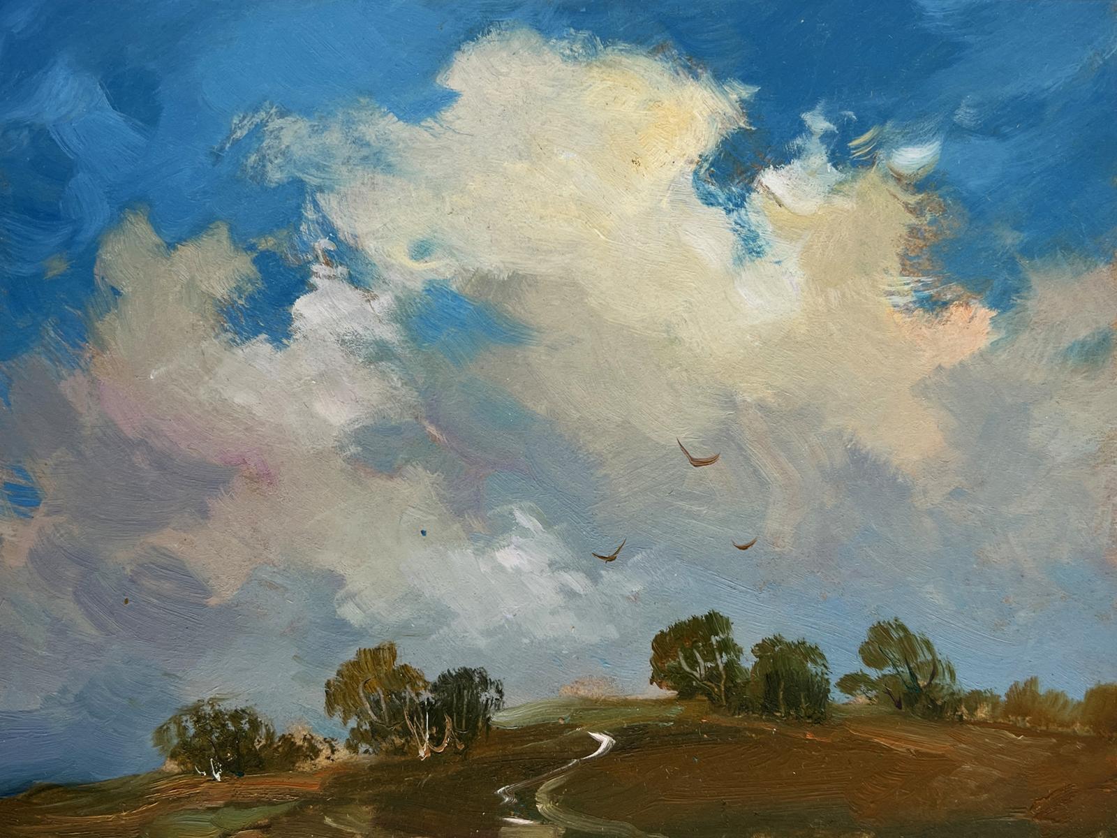 Vibrant oil painting by Yuriy Suprunchuk: Birds flying home over hills and clouds