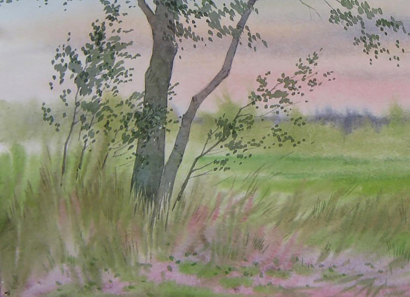 Watercolor painting of tree in pink sunset field by Valery Savenets
