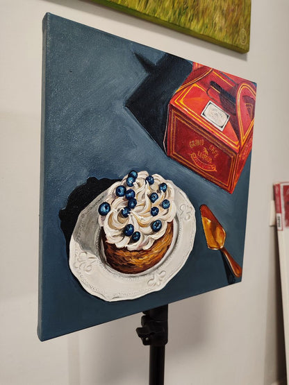 Oil painting by Oksana Sklym of pastry with whipped cream and blueberries on ornate plate