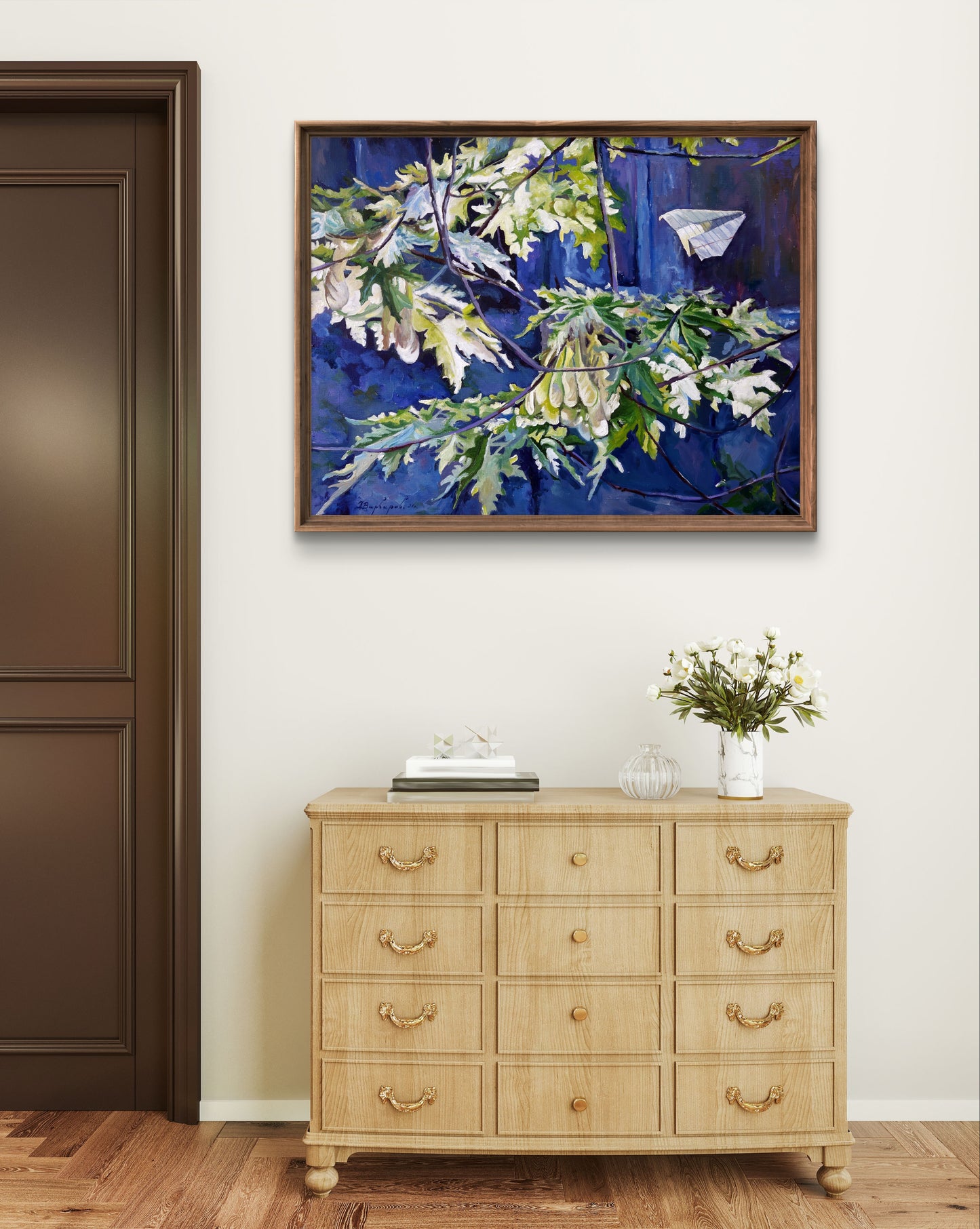 Oil painting by Maple Varvarov Anatoly Viktorovich, green leaves and white paper airplane in brown frame