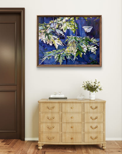 Oil painting by Maple Varvarov Anatoly Viktorovich, green leaves and white paper airplane in brown frame