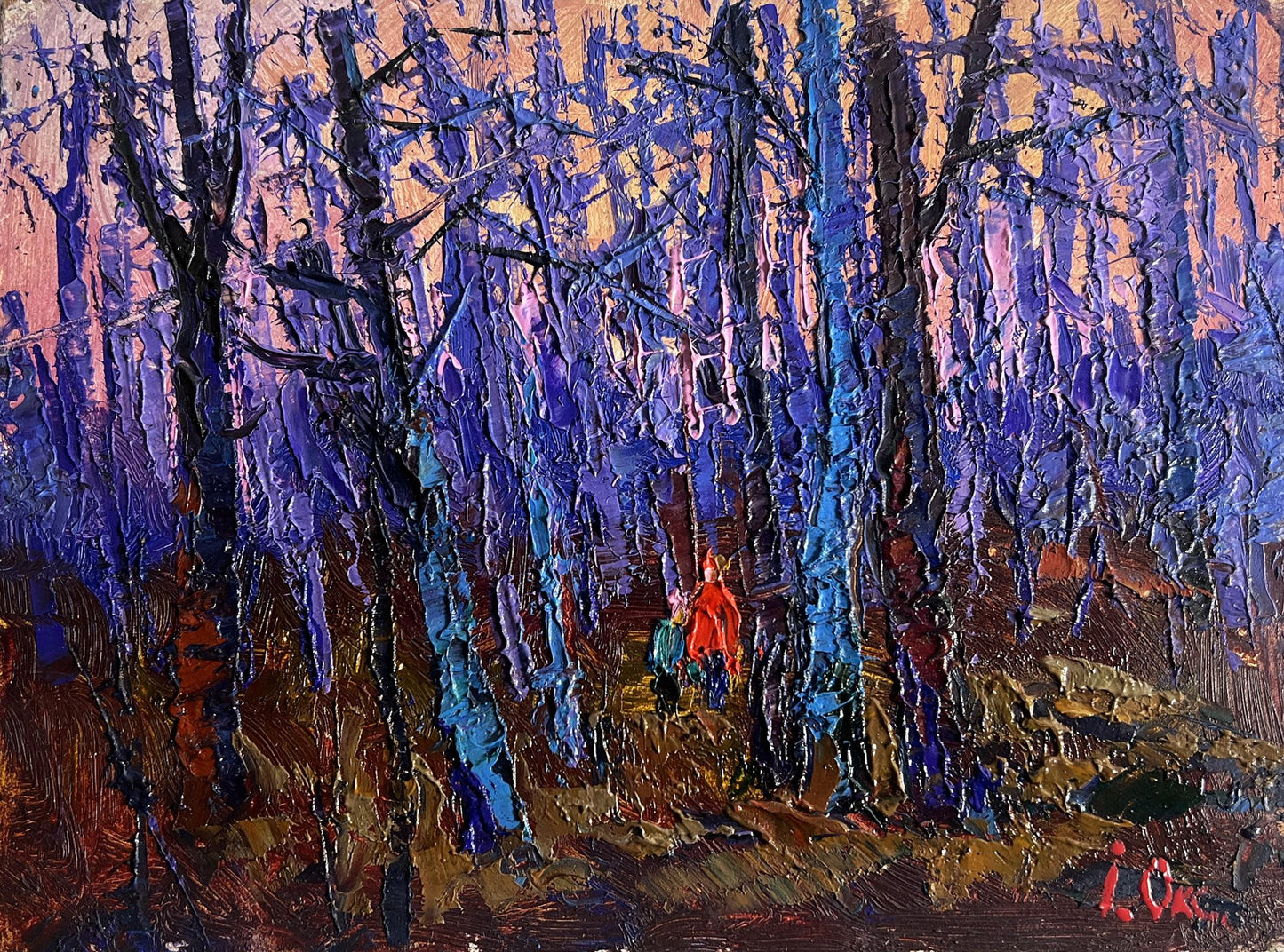 Oil painting of frosty forest with purple trees, orange sky by Oksana Ivanyuk