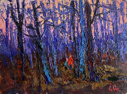 Oil painting of frosty forest with purple trees, orange sky by Oksana Ivanyuk