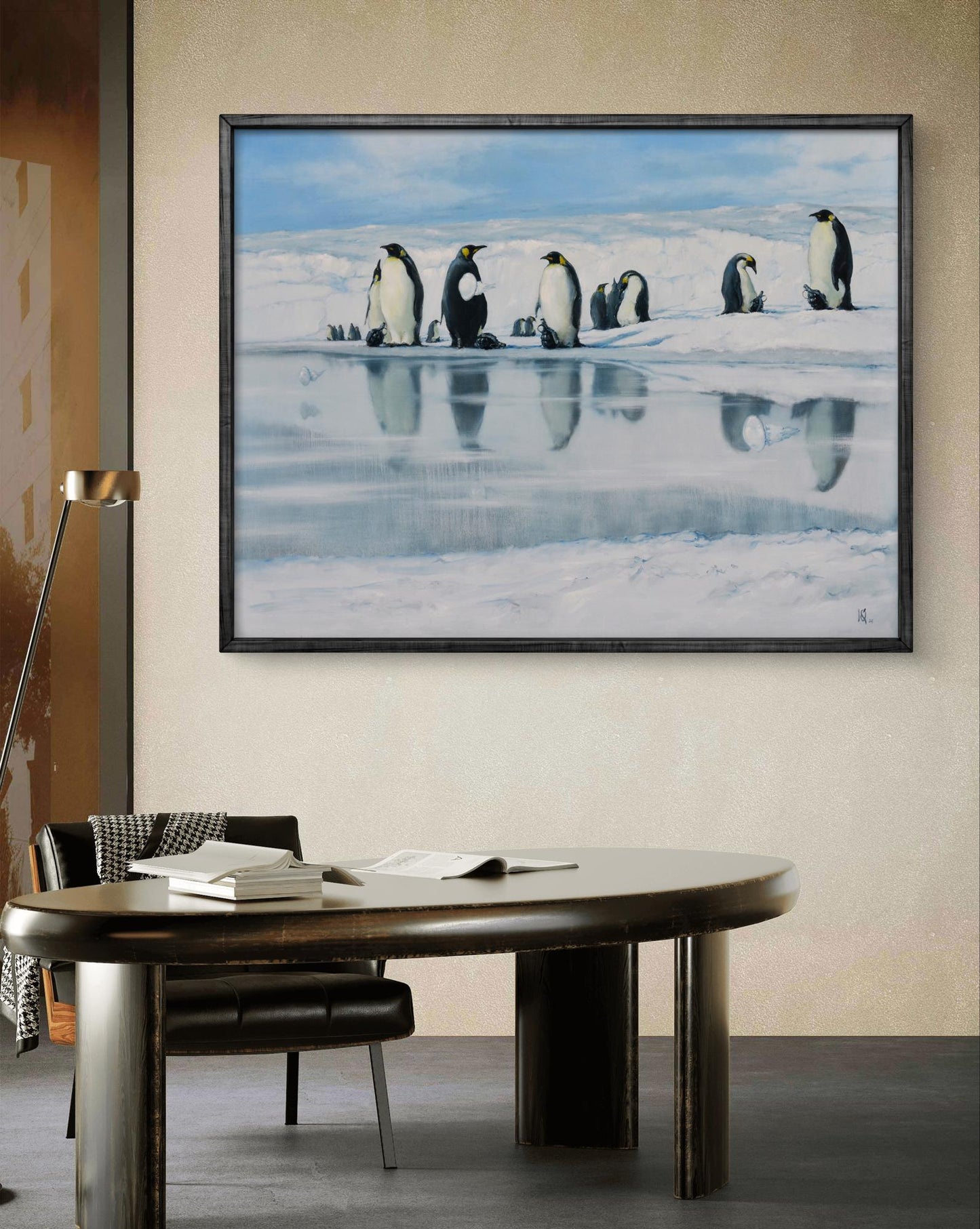 Oil painting of penguin colony by Oleg Kateryniuk in black frame