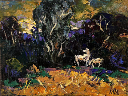 Vibrant Oleksiy Ivanyuk oil painting of two white horses in dark forest