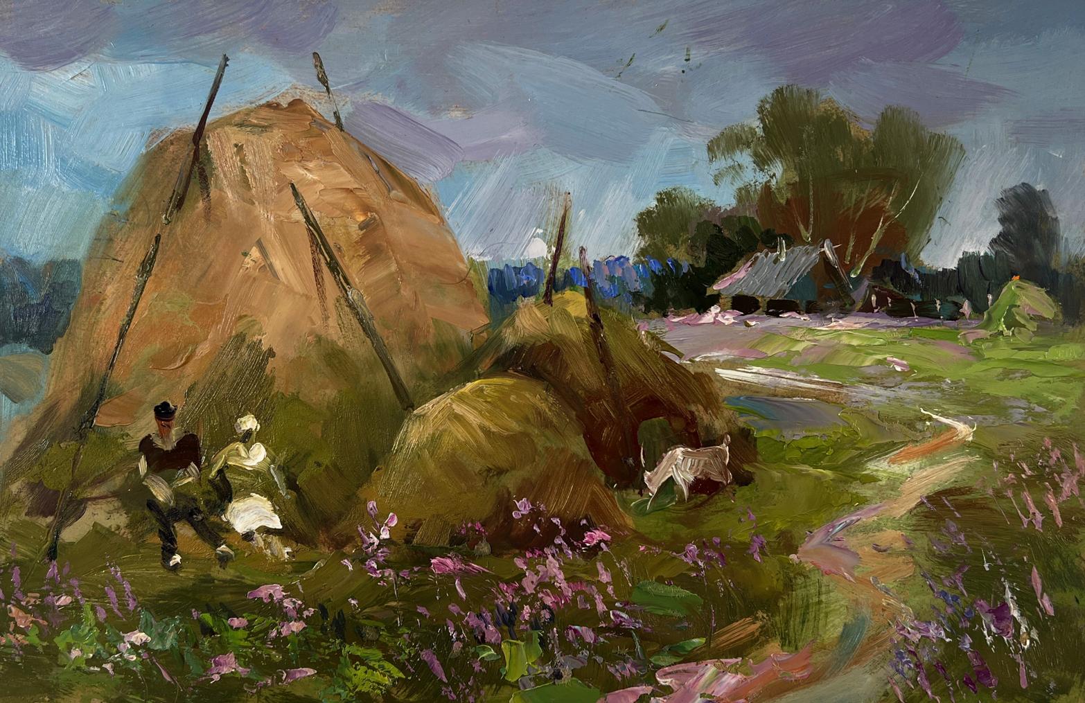 Oil painting of golden-brown haystack in green field by Yuriy Suprunchuk