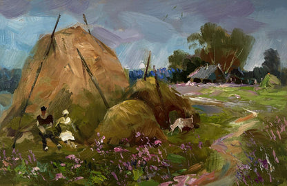 Oil painting of golden-brown haystack in green field by Yuriy Suprunchuk