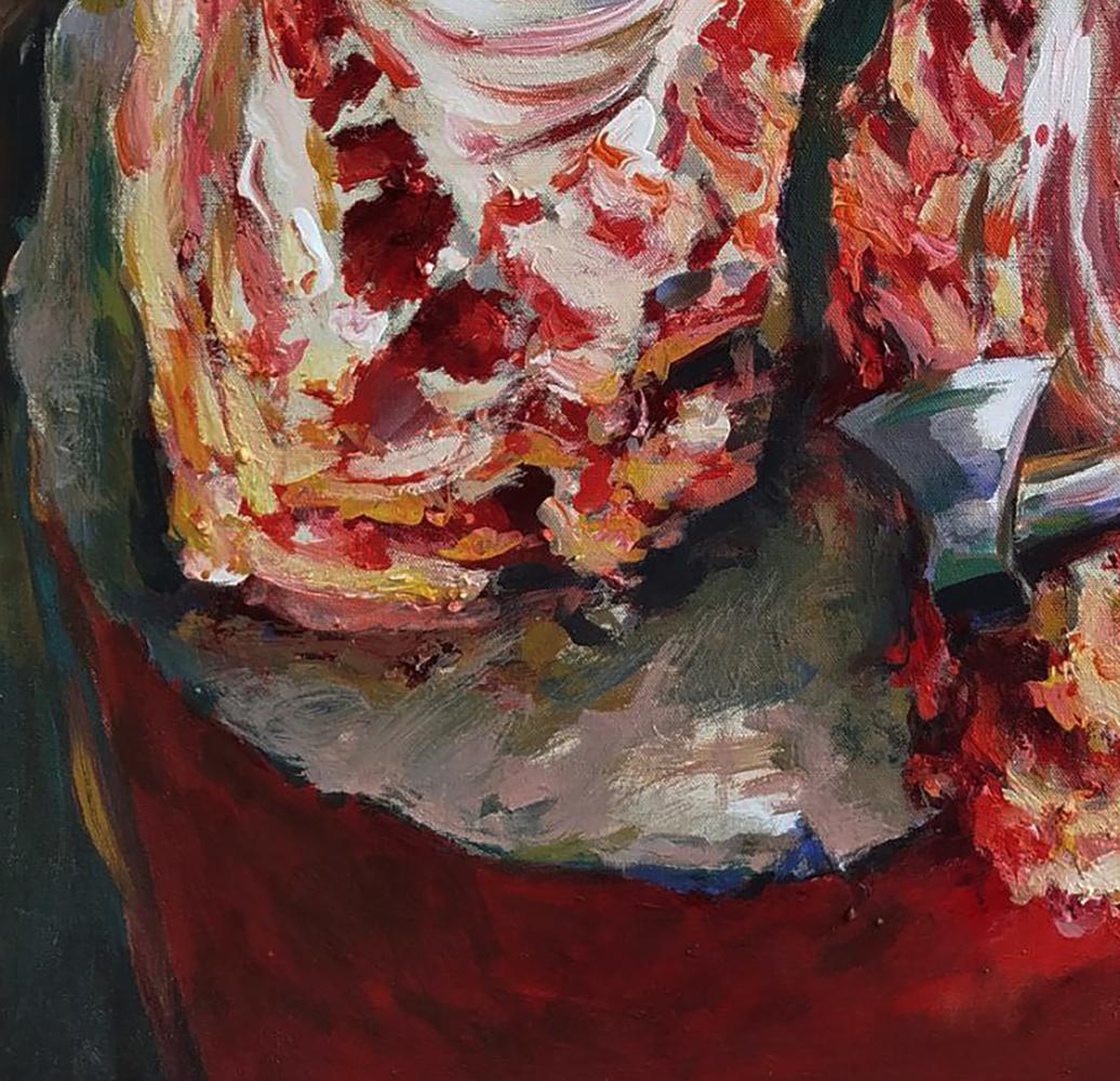 Vibrant acrylic painting of cutting meat by Leonid Pavlenko in glass jar