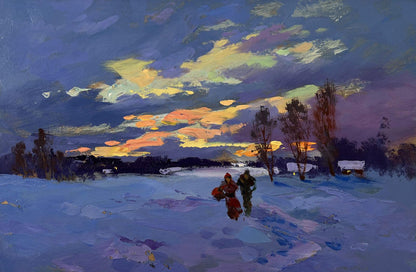 Oil painting Winter sunset by Yuriy Suprunchuk: figures in snowy landscape