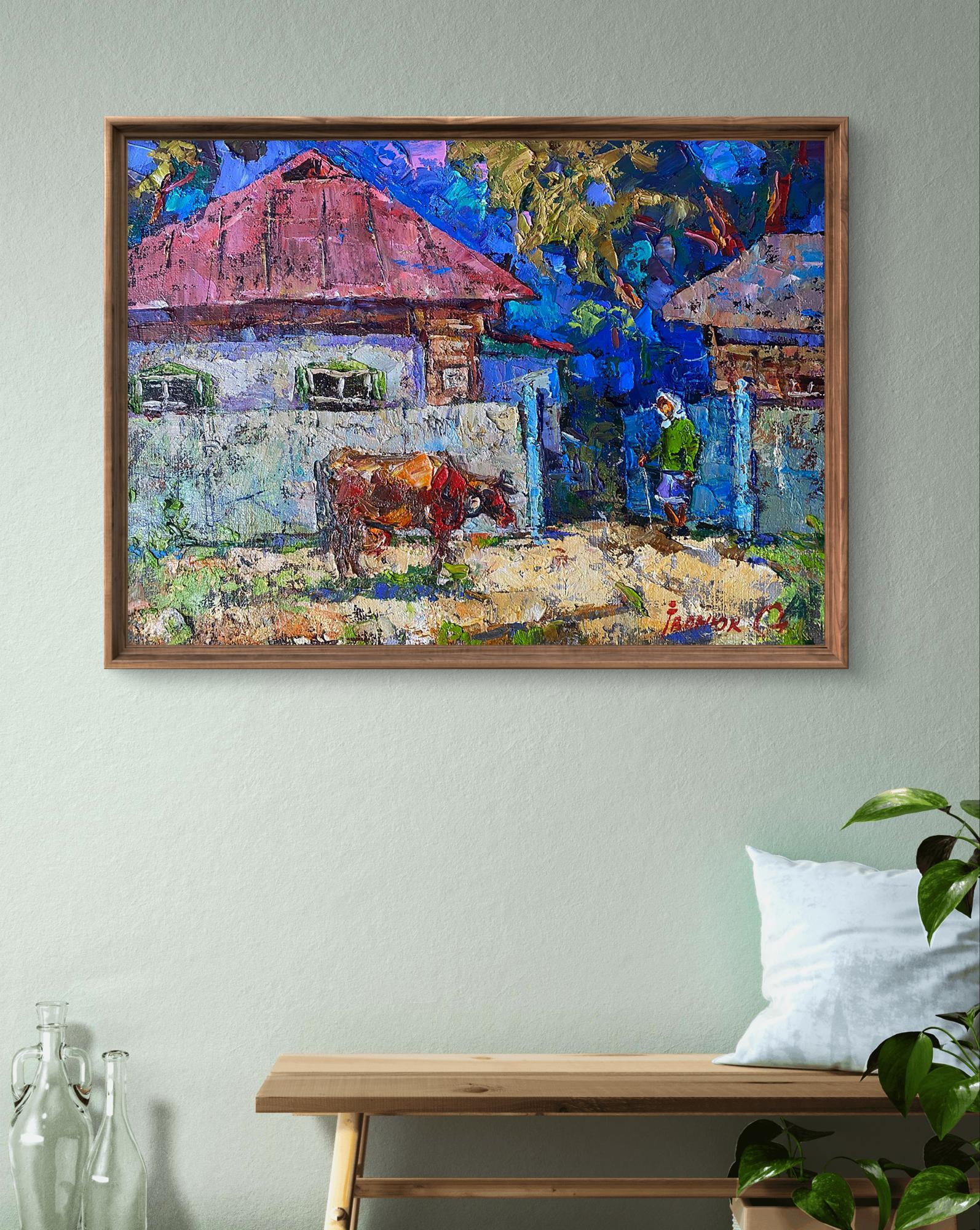 Oleksiy Ivanyuk oil painting The Evening has arrived: impressionist village with cow