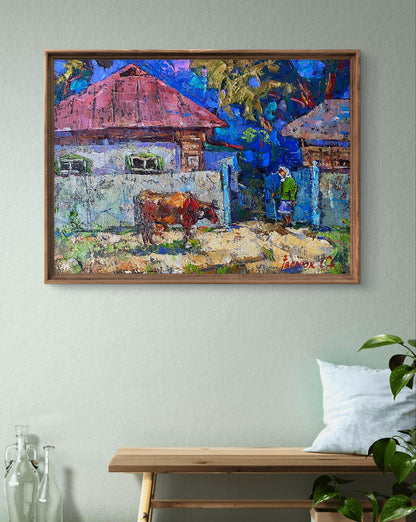 Oleksiy Ivanyuk oil painting The Evening has arrived: impressionist village with cow