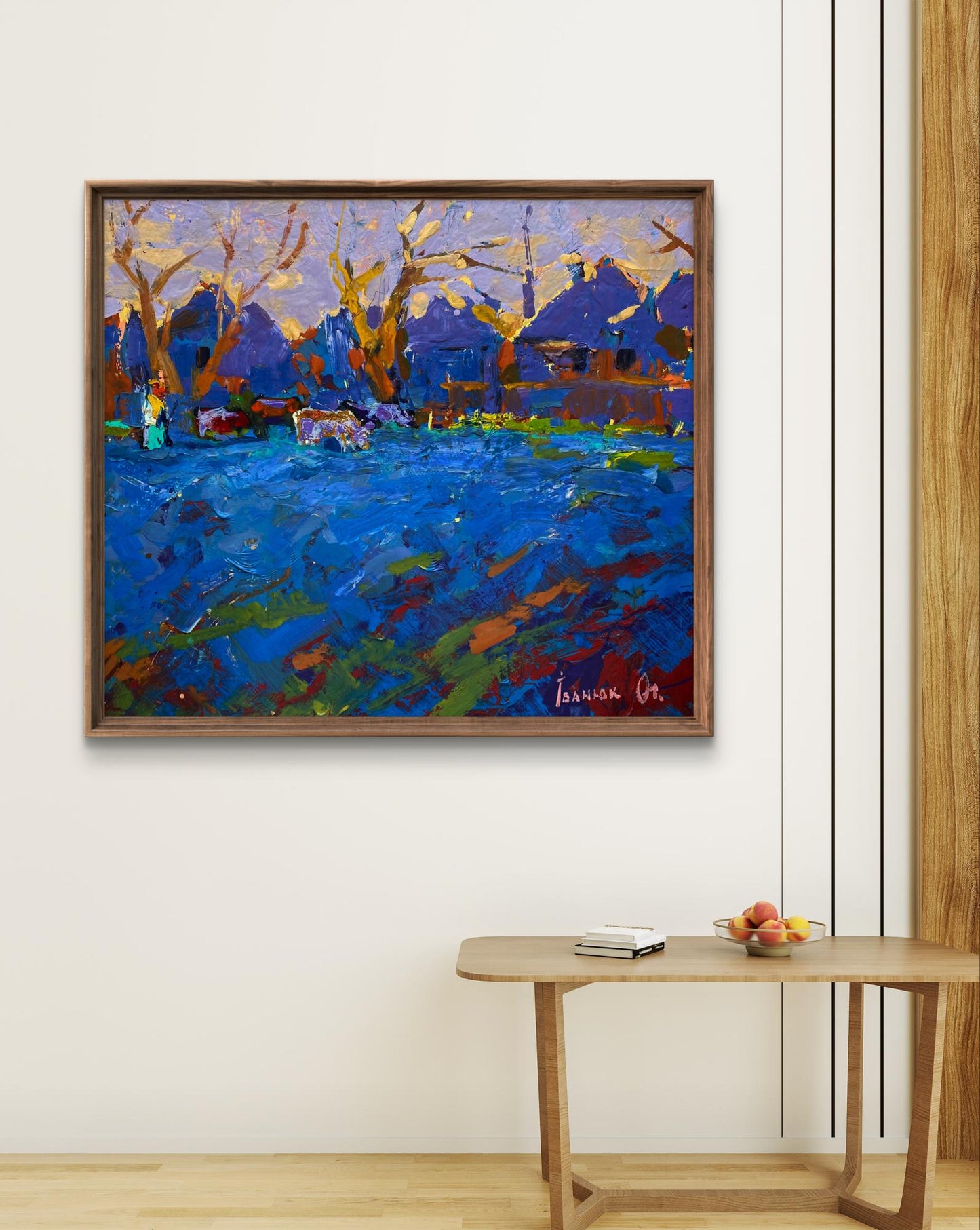 Oil painting Grazing cattle in evening by Oleksiy Ivanyuk, vibrant abstract landscape in wooden frame