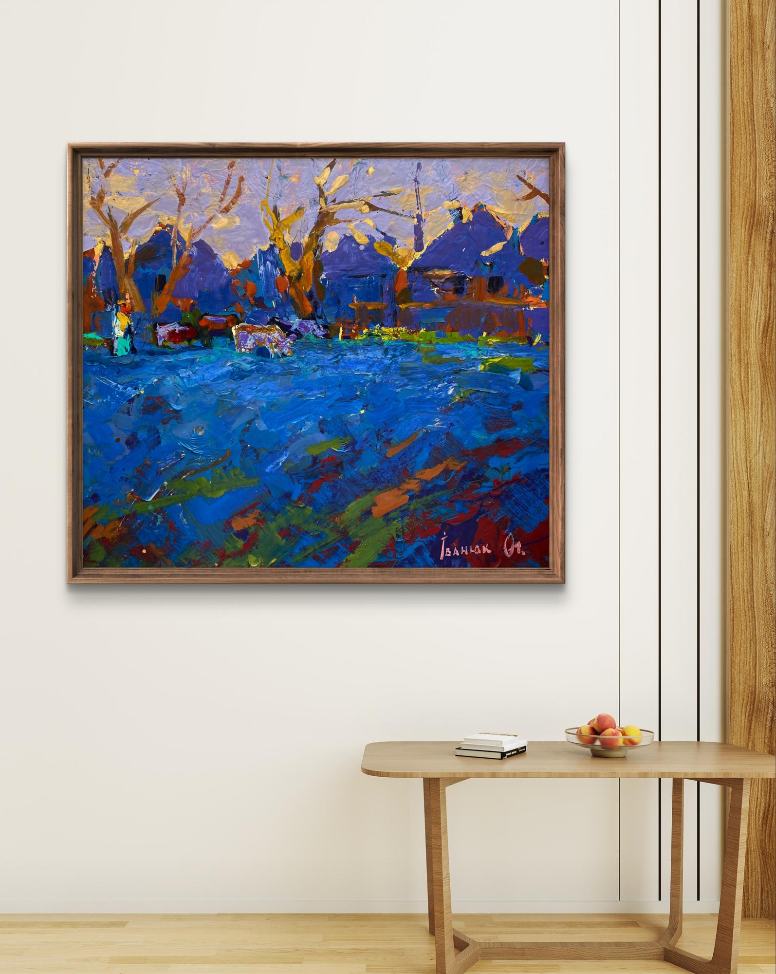 Oil painting Grazing cattle in evening by Oleksiy Ivanyuk, vibrant abstract landscape in wooden frame