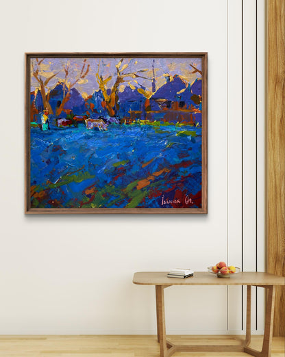 Oil painting Grazing cattle in evening by Oleksiy Ivanyuk, vibrant abstract landscape in wooden frame