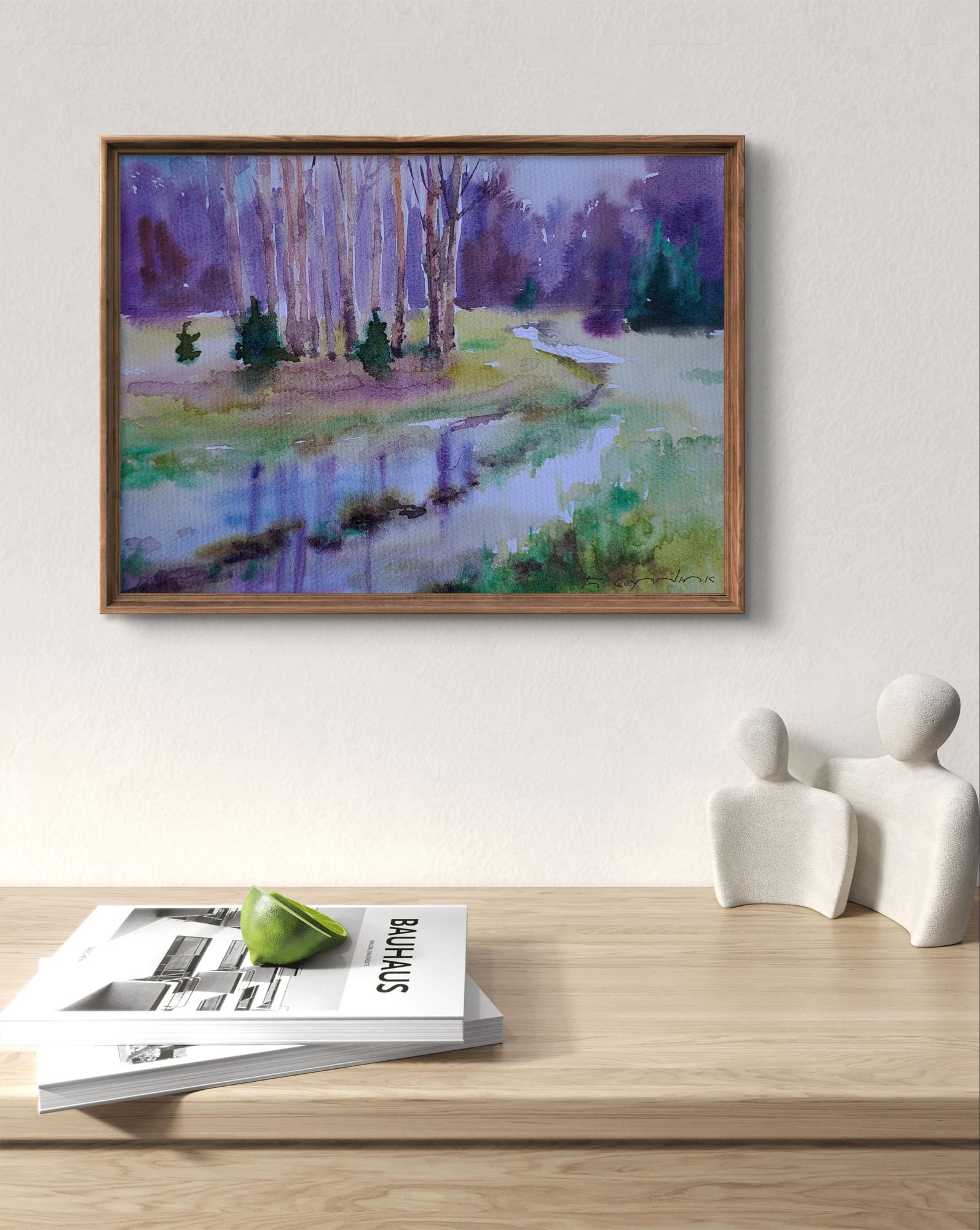 Framed watercolor Spring Awakens by Boris Serdyuk, serene forest stream