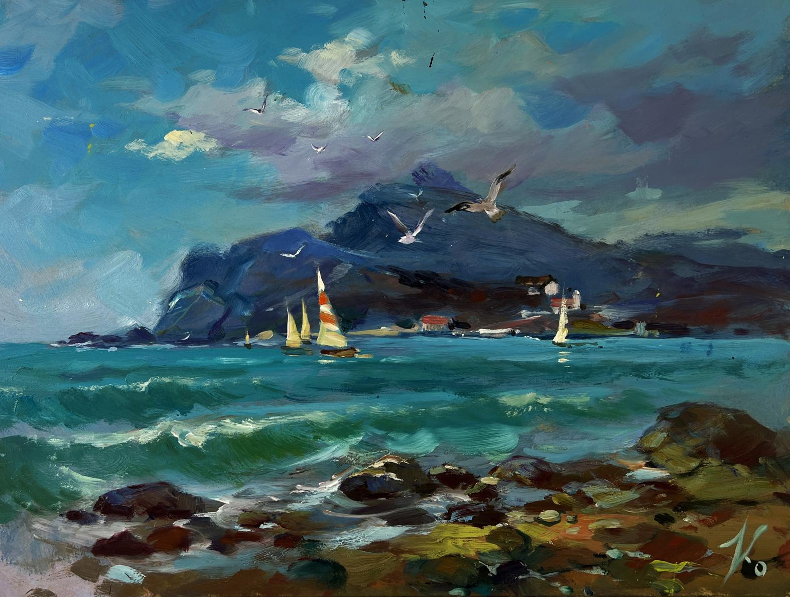 Oil painting by Yuriy Suprunchuk: seagulls over turquoise waves crashing on rocky shore