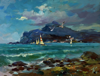 Oil painting by Yuriy Suprunchuk: seagulls over turquoise waves crashing on rocky shore