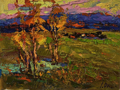 Vibrant Autumn Horizon oil painting by Oleksiy Ivanyuk, impressionist trees and sky