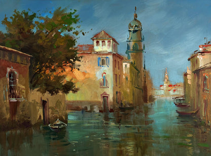 Serene Venetian canal oil painting by Yuriy Suprunchuk in ochre teal tones