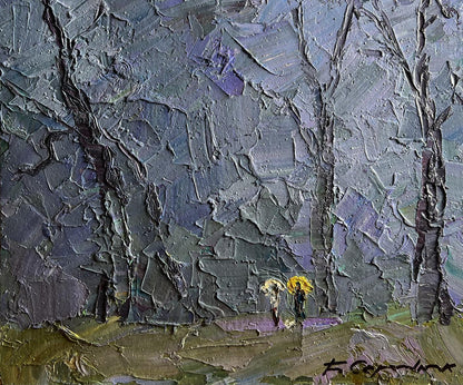 Oil painting Rainy morning by Boris Serdyuk with yellow umbrellas