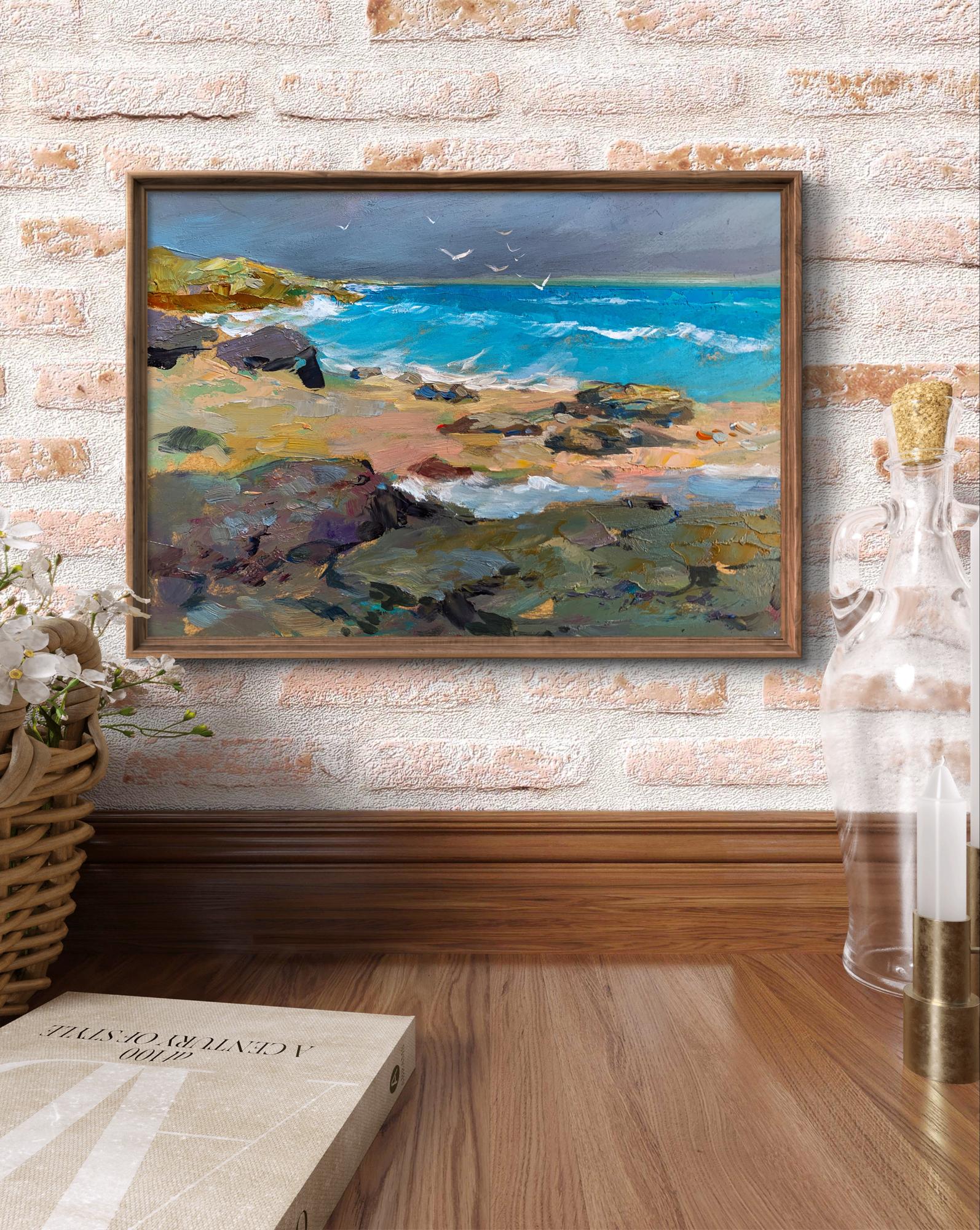 Oil painting of white seagulls on turquoise seashore by Yuriy Suprunchuk