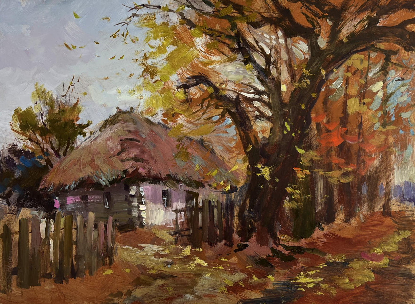 Oil painting of rustic thatched cottage street in golden autumn leaves by Yuriy Suprunchuk