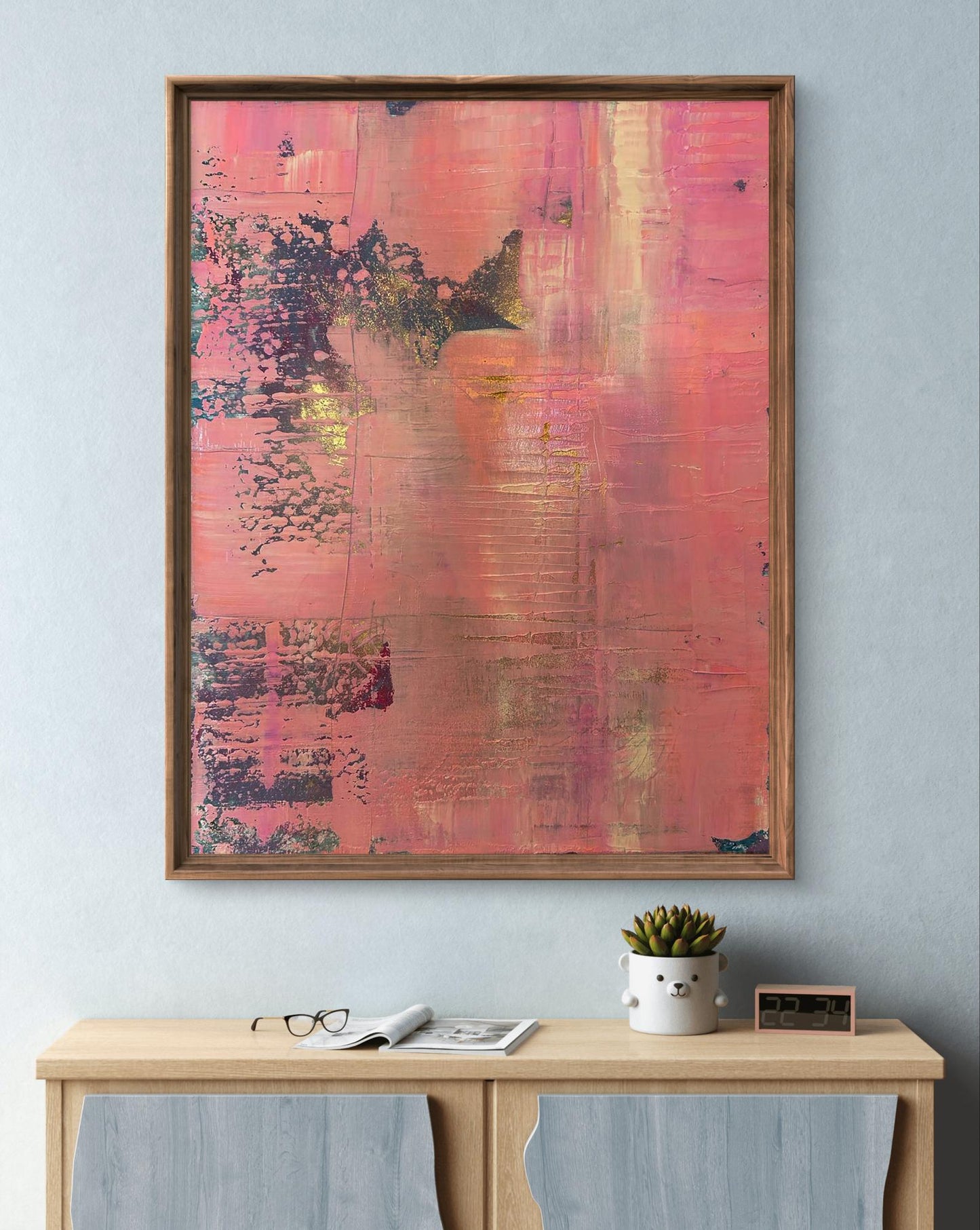 Framed abstract acrylic painting Tenderness in my eyes by Olga Melezhik, pink with gold accents