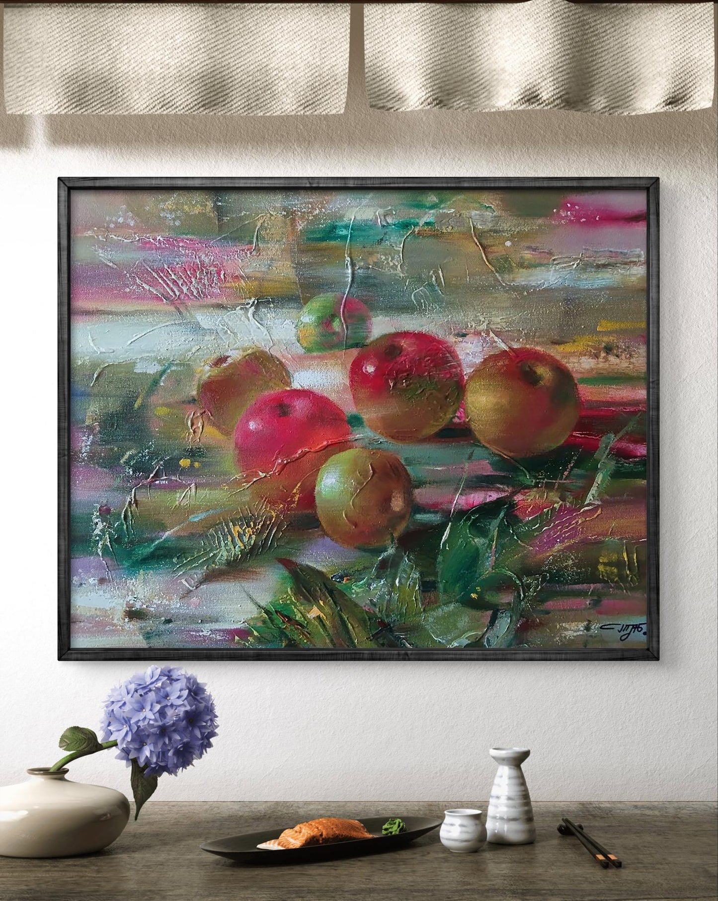 Abstract oil painting Juicy apples by Anatoly Tarabanov, vibrant textured reds and greens